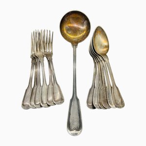 Silver-Plated Soup Cutlery Set with Spoons, Fork and Ladle from Christofle, France, 1900s, Set of 13