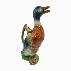 Art Nouveau Polychrome Slip Earthenware Duck Pitcher from Saint Clément