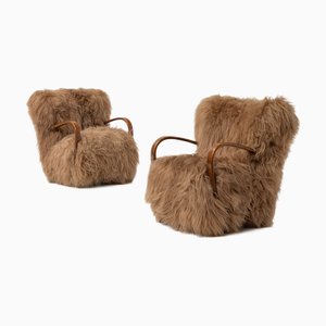 Set of Scandinavian Armchairs in Long Haired Sheepskin, 1950s