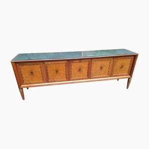 Large Sideboard in Brass with Green Marble Top and Floral Decorations attributed to Paolo Buffa, 1940s