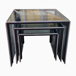 Tables Gigognes en Chrome avec Plateau en Verre à Bord Miroir attribué à Renato Zevi, 1960s, Set de 3