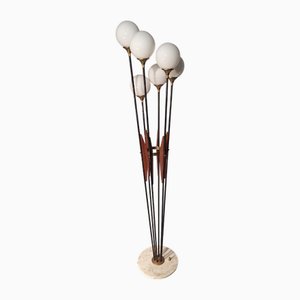 Alberello Stehlampe aus Messing & Holz mit Opalglaskugeln und Marmorfuß von Stilnovo, 1950er
