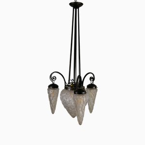 Art Deco Wrought Iron and Verre Craquelé Lamp attributed to Charles Schneider, France, 1930s
