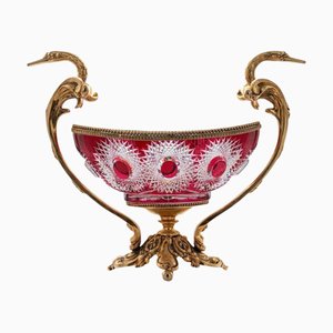Cuenco de centro de mesa de cristal rojo y bronce de Martin Benito, París, Francia, años 50