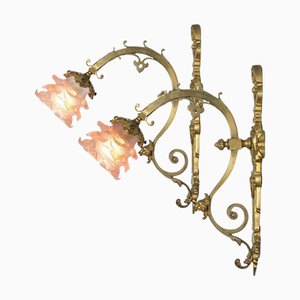 Art Noveau Pink Flower and Brass Wall Lights, France, 1930s, Set of 2