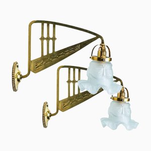 Jugendstil White Flower and Brass Wall Lights, France, 1910s, Set of 2