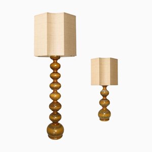 Lampade in ceramica con paralumi in seta di René Houben, anni '60, set di 2