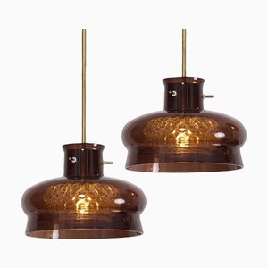 Carl Fagerlund zugeschriebene braune Hängelampen aus Blasenglas für Orrefors, 1960er, 2er Set