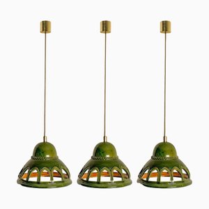 Round Green Glazed Ceramic Pendant Light, Germany, 1970s