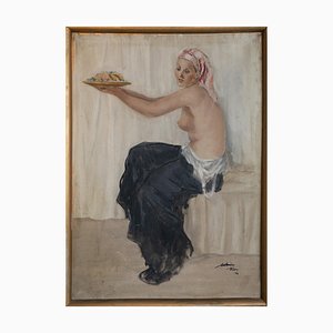 Antonio Riba, Femme assise offrant des fruits, 1946, Huile sur Toile