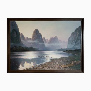 Tranquil Dawn on the Li River, Misty Karst Mountains, Oil on Canvas