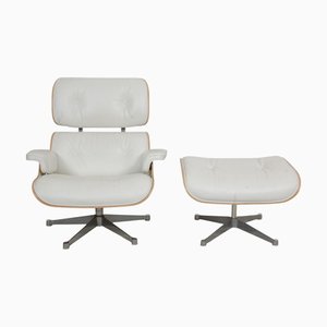 Lounge Chair with Ottoman in White Leather by Charles Eames, Set of 2