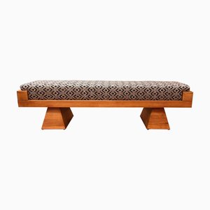 Large Oakwood Bench with Fine Aztec Pattern Upholstery, 1980