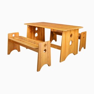 Pine Table and Benches by Gilbert Marklund for Furusnickarn, Sweden, 1970s, Set of 3