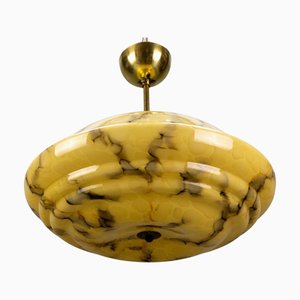Lampe à Suspension Art Déco Ambre Marbré et Verre Marron et Laiton, Allemagne, 1930s