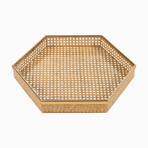 Vassoio Mid-Century moderno in vimini e ottone, anni '70