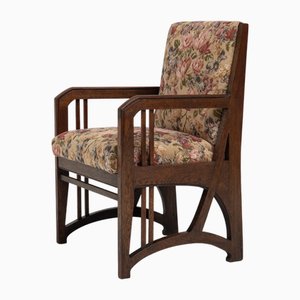 Art Nouveau Armchair in Oak with Floral Upholstery, Belgium, 1900s