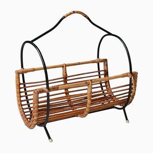 Rattan Magazine Holder with Black Metal Frame, 1960s