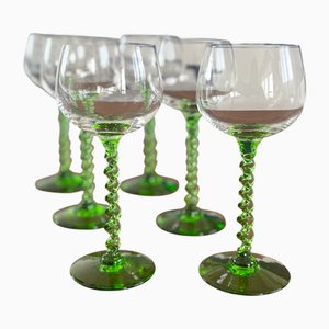 Alsatian White Wine Glasses with Green Twisted Stem, Set of 6