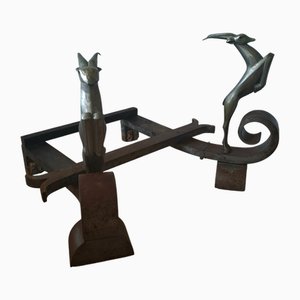 Art Deco Firedogs in Wrought Iron by Raymond Subes, 1920s