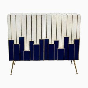 Mobiletto a due ante in vetro blu e pergamena naturale, anni '80