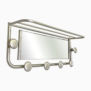 Italian Art Deco Aluminum Wall Coat Rack with Mirror and Upper Shelf, 1940s