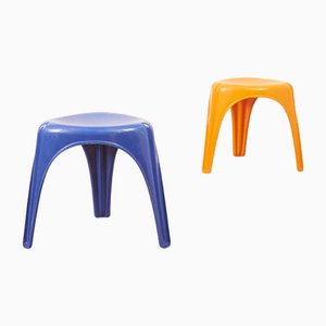 Model 1734 Garden Stools in Dark Blue and Orange Fiberglass by Walter Frey for Stella, 1965, Set of 2