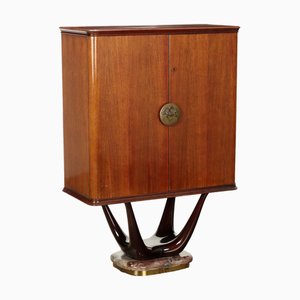 Mobile bar vintage in legno esotico con ottone e marmo, anni '50