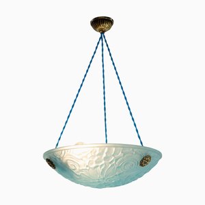 Lámpara colgante francesa Art Déco de vidrio en azul lustre, 1930