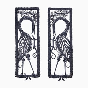 Pannelli Art Deco con gru e lucertole in ferro battuto, Belgio, 1920, set di 2