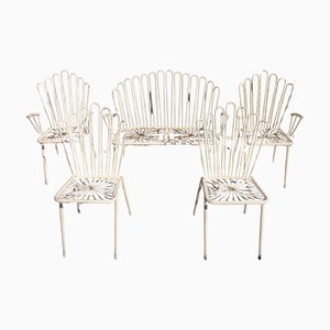 White Painted Wrought Iron and Metal Bistro Chairs and Sofa in the style of Mathieu Matégot, France, 1950s, Set of 5