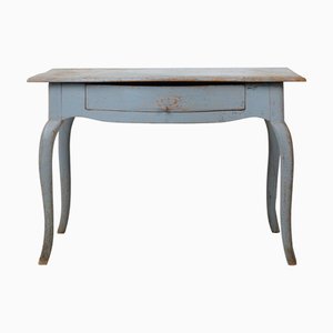 Rococo Swedish Desk with Light Blue Paint, Drawer and Curved Rococo Legs