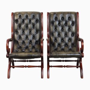 Englische Chesterfield Sessel aus grünem Rindsleder & Holz, 2er Set