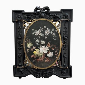 Napoleon III Ebonite Triptych Forming a Central Painted Bouquet Mirror