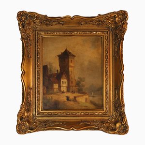 Romantic Harbor View, 19th Century, Oil on Wood, Framed