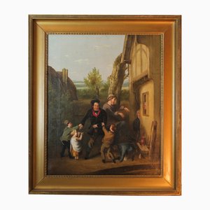 Scena con intrattenitori itineranti, Olanda, inizio XIX secolo, olio su tela, con cornice