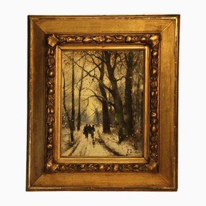 Rudolf Becker, Cacciatori in una foresta d'inverno al tramonto, fine XIX secolo, Olio su tavola, con cornice