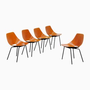Vintage Cognac Leather Tonneau Chairs by Pierre Guariche, Set of 5