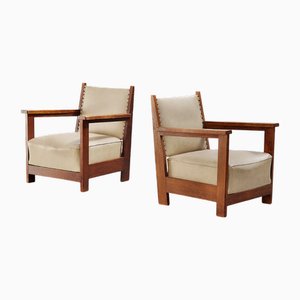 Set niederländischer Art Deco Sessel aus Eiche & Leder, 1930er