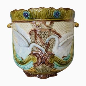 Pot de Fleurs Art Nouveau en Majolique avec Cygnes, France, 1890s