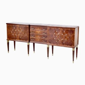 Italian Art Deco Sideboard in Burl Walnut and Brass