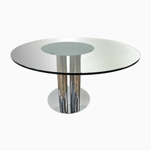 Tavolo vintage in metallo con ripiano rotondo in vetro, anni '70