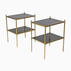 Tables Etagères Mid-Century en Métal Doré et Cuir, 1950, Set de 2
