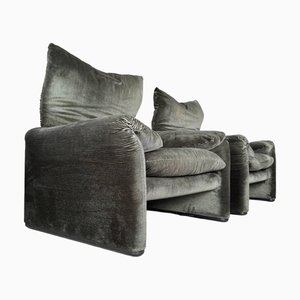 Maralunga Armchairs in Green Corduroy Velvet by Vico Magistretti for Cassina, Set of 2