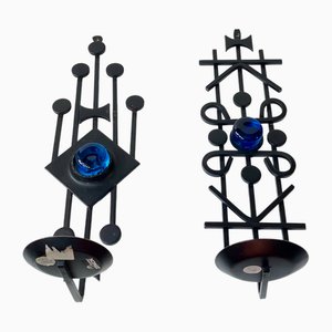 Brutalistische Vintage Wandkerzenhalter aus Eisen & blauem Glas von Dantoft, 1970er, 2er Set