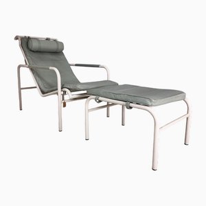 Set of Lounger with Ottoman Model Genni in Gray Genuine Leather by Gabriele Mucchi for Zanotta