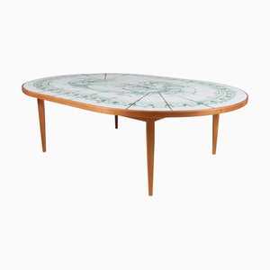 Vintage Sofa Table in Pine and Painted Tiles by Bjørn Wiinblad, 1970s