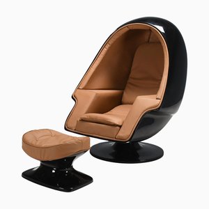 Alpha Stereo Egg Chair in Black Fiberglass and Leather by Lee West, 1970s