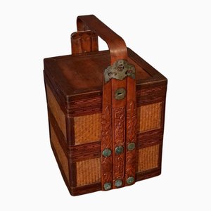 Chinese Lunch Basket in Bamboo and Rattan Engraved Wood