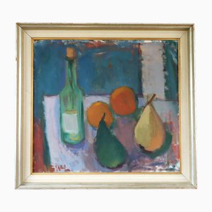 Botella y fruta, Pintura al óleo, Enmarcado
